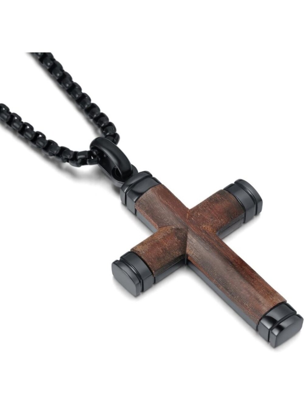 Men's Wooden Cross Necklace - Real Ebony & Black Stainless Steel, Adjustable 24